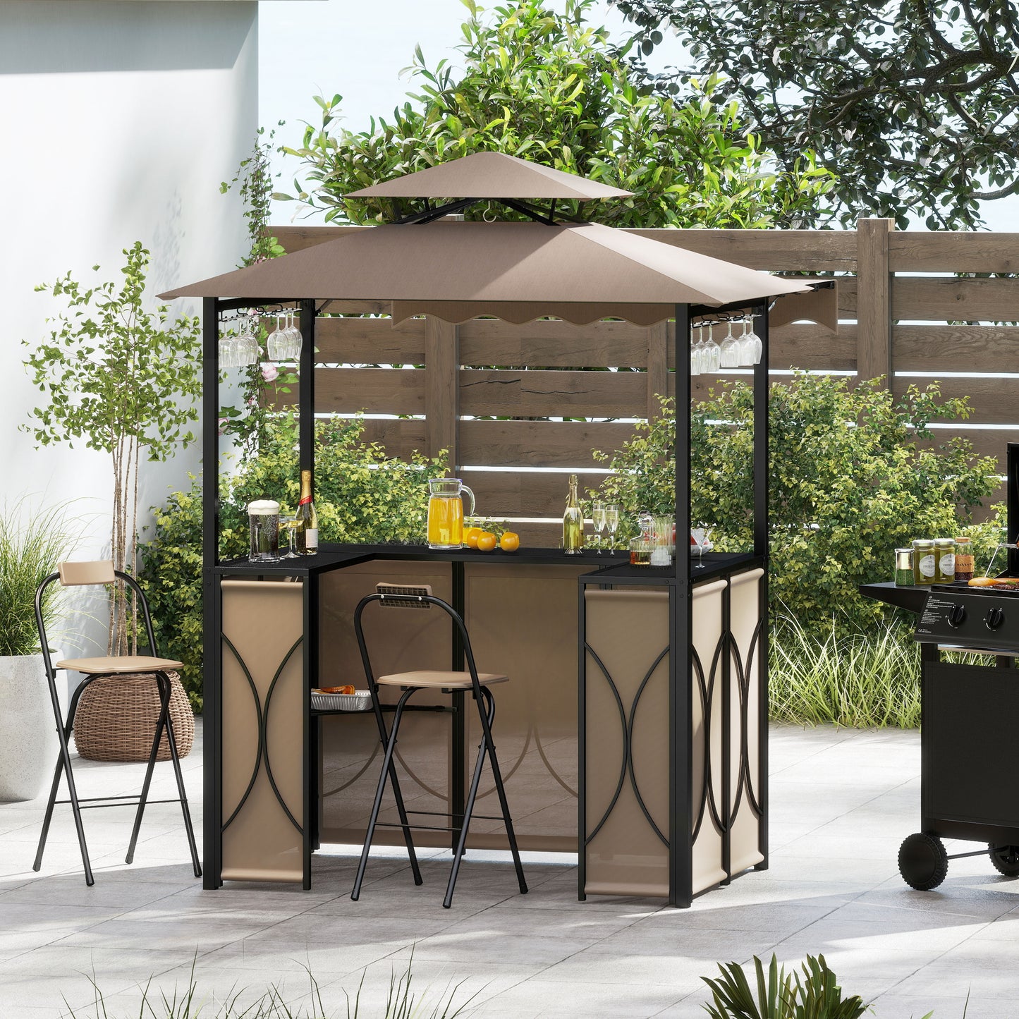 Grill Gazebo with Awning 3-Piece Outdoor BBQ Canopy Double-Tier Soft Top Barbecue Shelter-Coffee