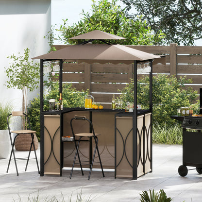Grill Gazebo with Awning 3-Piece Outdoor BBQ Canopy Double-Tier Soft Top Barbecue Shelter-Coffee