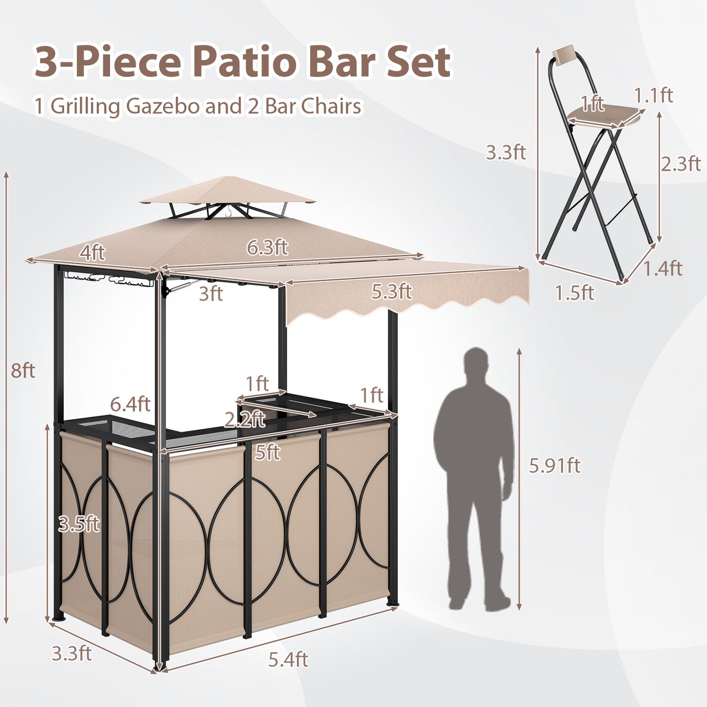 Grill Gazebo with Awning 3-Piece Outdoor BBQ Canopy Double-Tier Soft Top Barbecue Shelter-Coffee