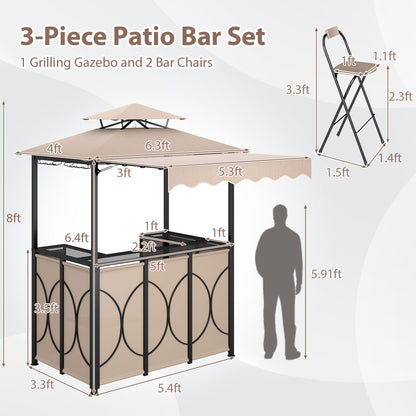 Grill Gazebo with Awning 3-Piece Outdoor BBQ Canopy Double-Tier Soft Top Barbecue Shelter-Coffee