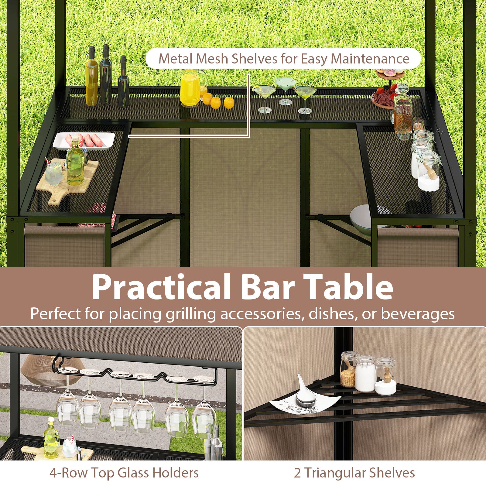 Grill Gazebo with Awning 3-Piece Outdoor BBQ Canopy Double-Tier Soft Top Barbecue Shelter-Coffee