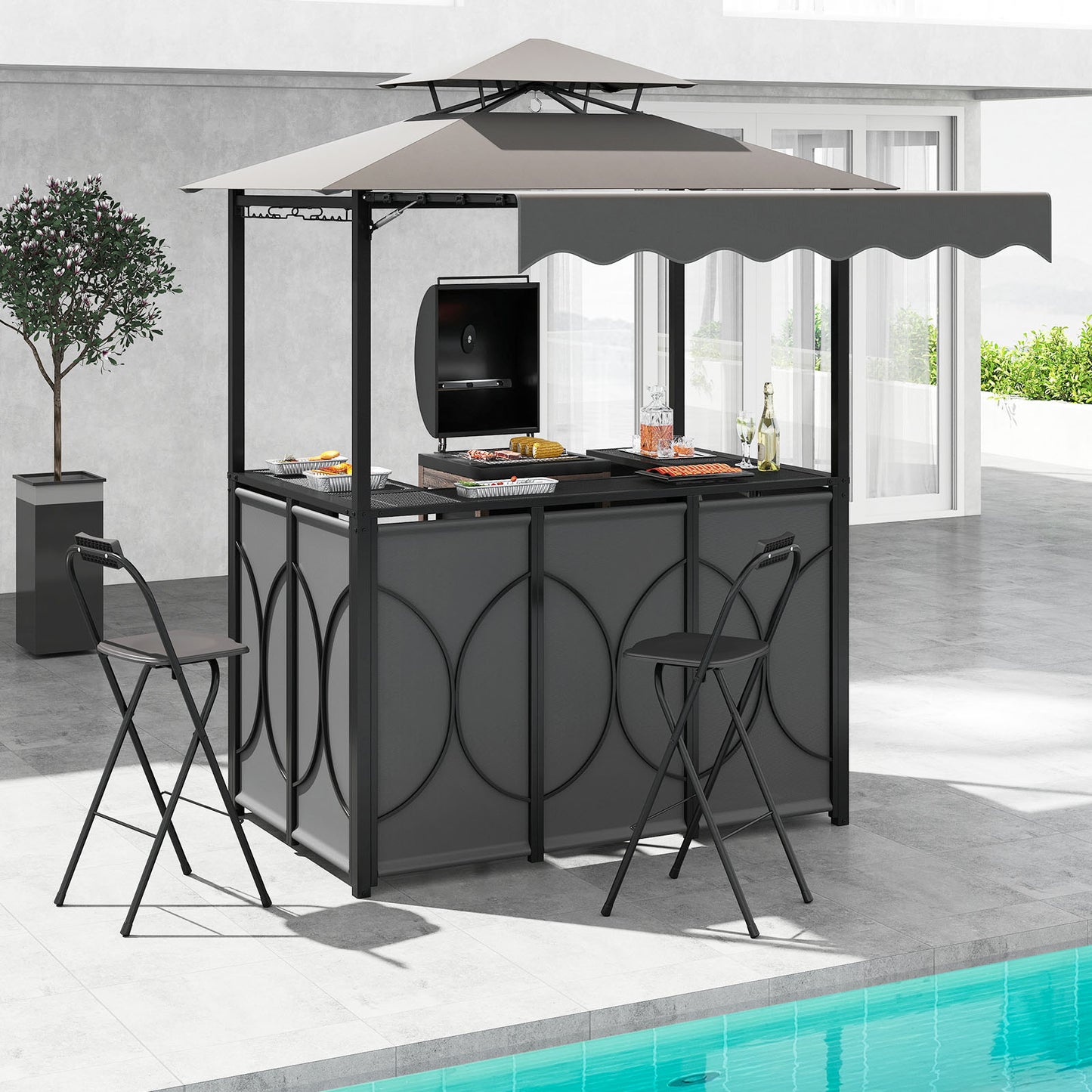 Grill Gazebo with Awning 3-Piece Outdoor BBQ Canopy Double-Tier Soft Top Barbecue Shelter-Gray