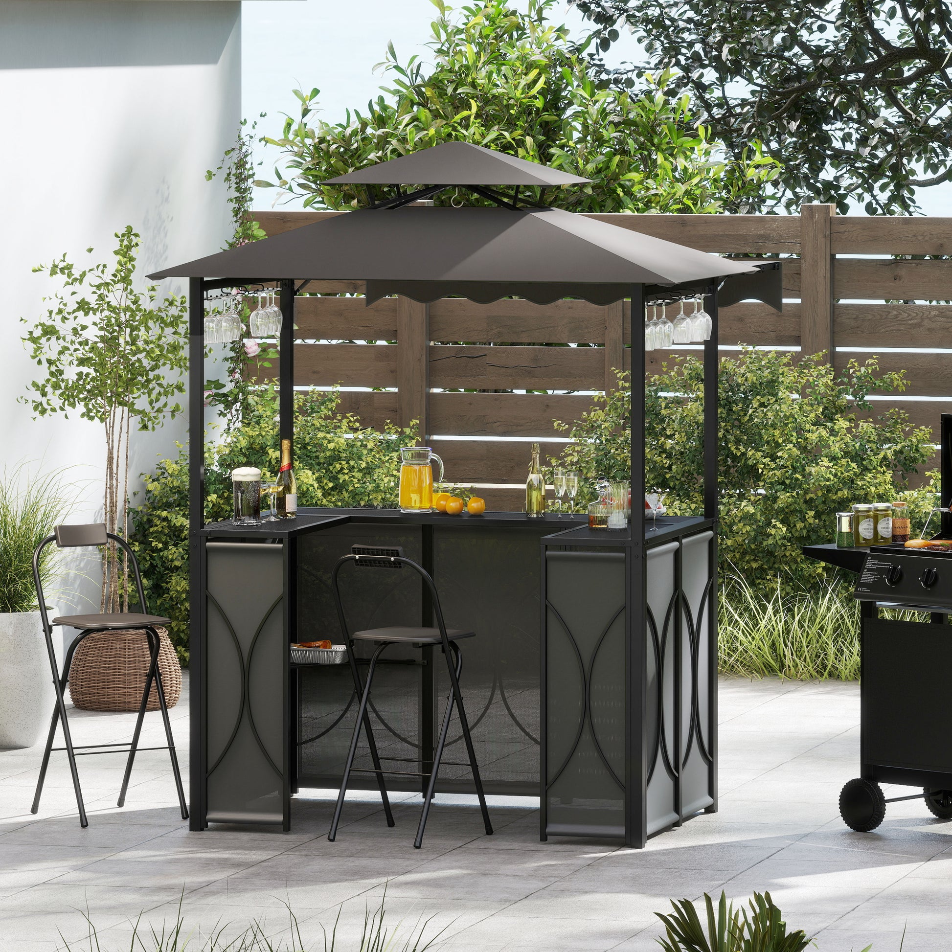 Grill Gazebo with Awning 3-Piece Outdoor BBQ Canopy Double-Tier Soft Top Barbecue Shelter-Gray