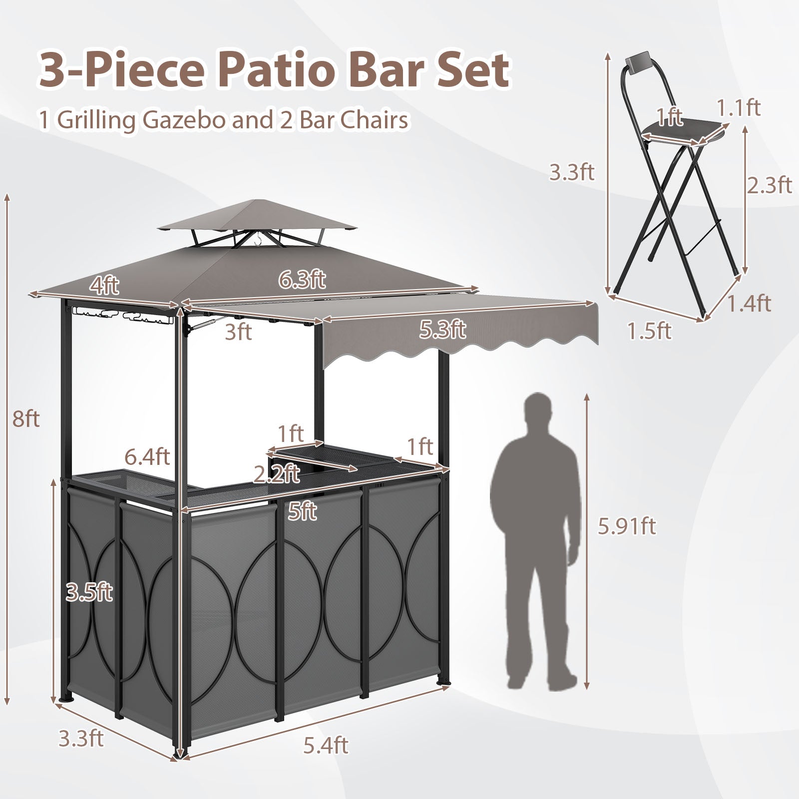 Grill Gazebo with Awning 3-Piece Outdoor BBQ Canopy Double-Tier Soft Top Barbecue Shelter-Gray