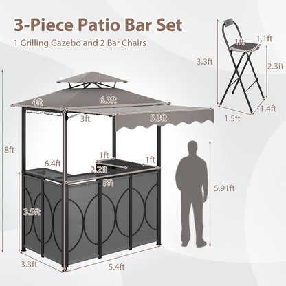 Grill Gazebo with Awning 3-Piece Outdoor BBQ Canopy Double-Tier Soft Top Barbecue Shelter-Gray