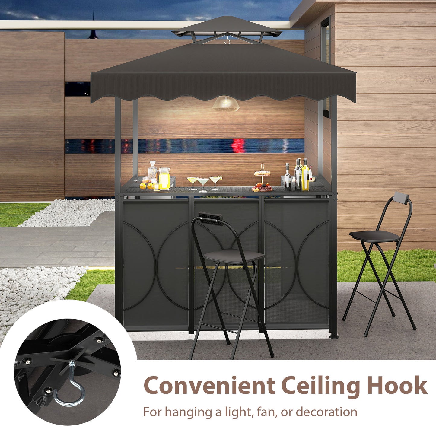 Grill Gazebo with Awning 3-Piece Outdoor BBQ Canopy Double-Tier Soft Top Barbecue Shelter-Gray