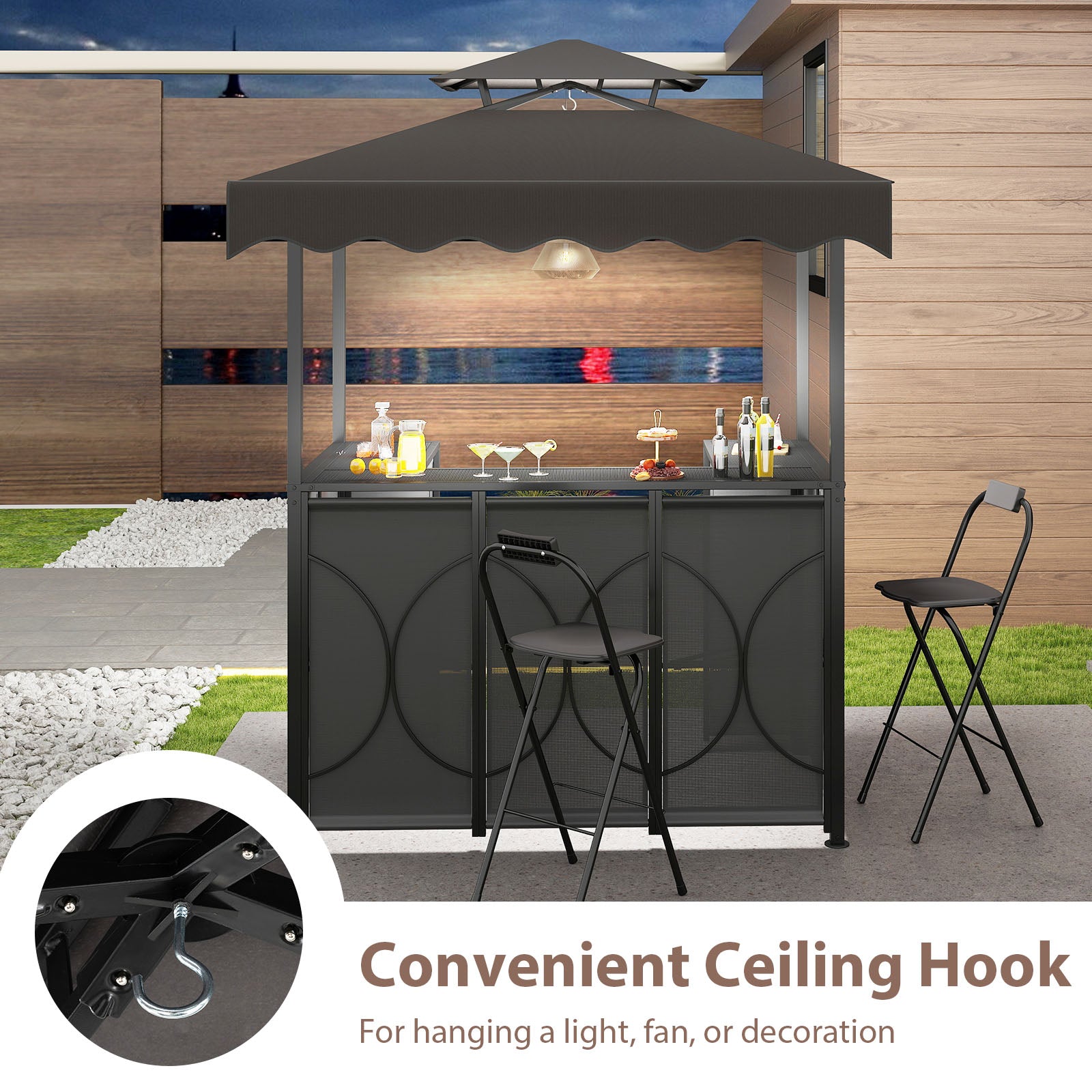 Grill Gazebo with Awning 3-Piece Outdoor BBQ Canopy Double-Tier Soft Top Barbecue Shelter-Gray