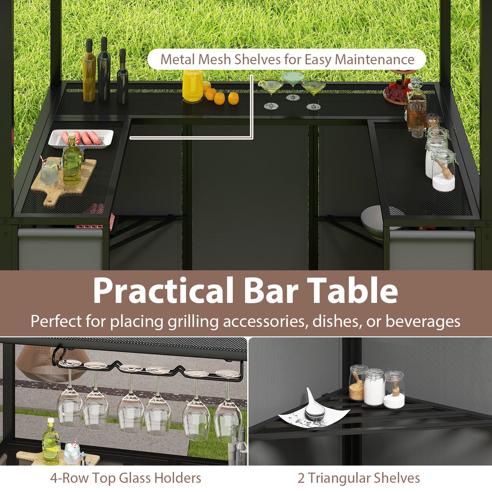 Grill Gazebo with Awning 3-Piece Outdoor BBQ Canopy Double-Tier Soft Top Barbecue Shelter-Gray