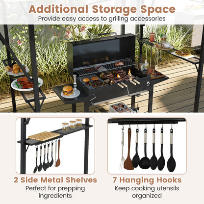 13 x 5 Feet Grill Gazebo with Dual Side Awnings and 2 Shelves Adjustable Shadow