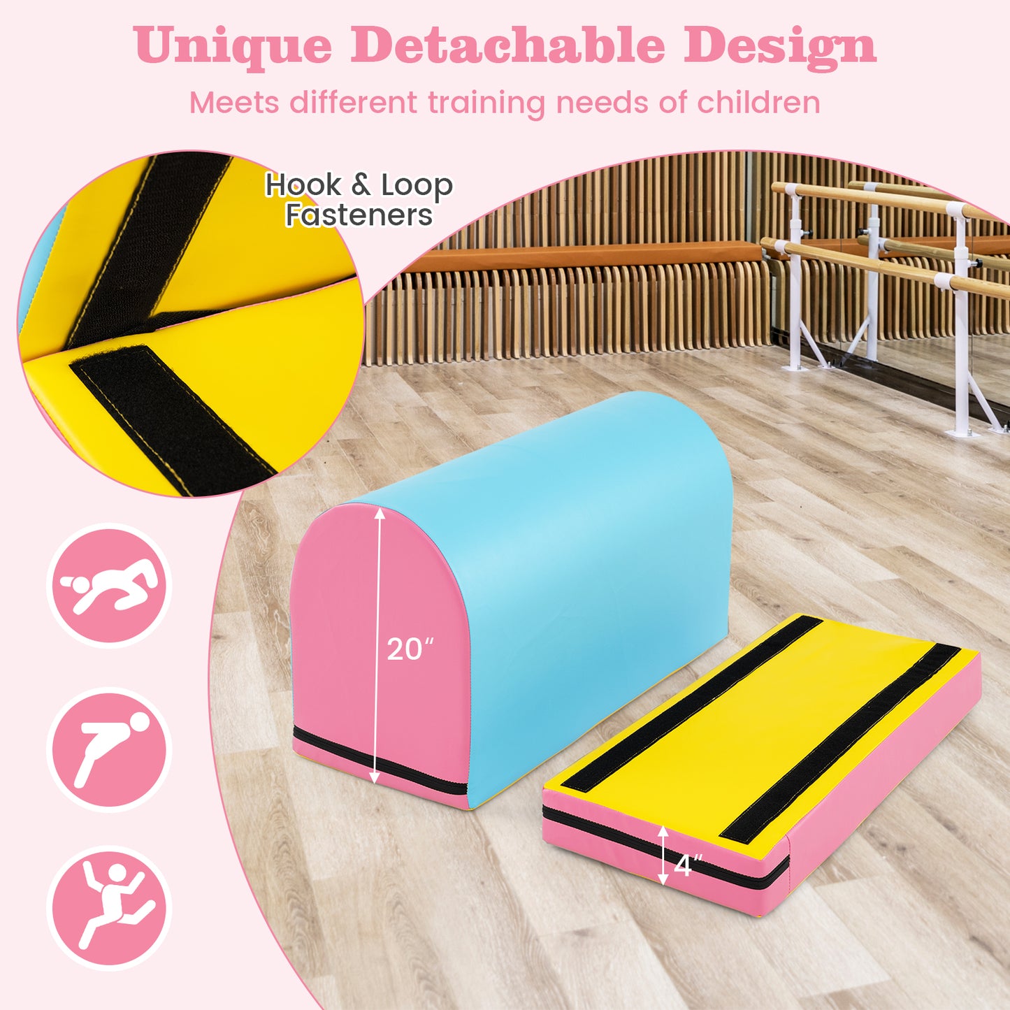 Gymnastics Vaulting Box with Detachable Mat Carrying Handle for Kids-Blue