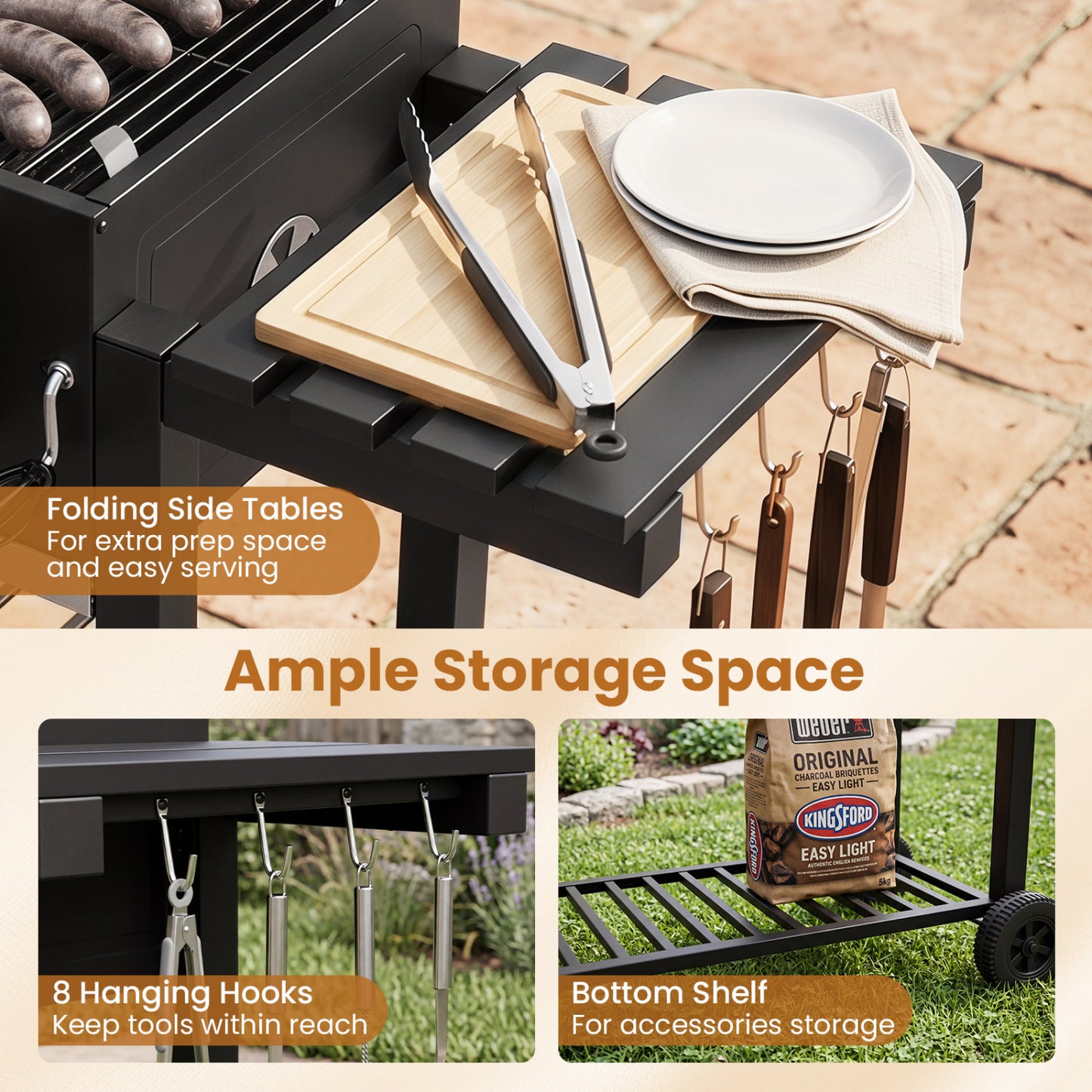 Charcoal Grill with Lifting Trays and Folding Side Tables