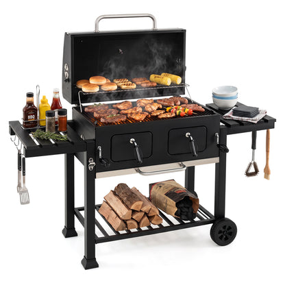 Charcoal Grill with Lifting Trays and Folding Side Tables