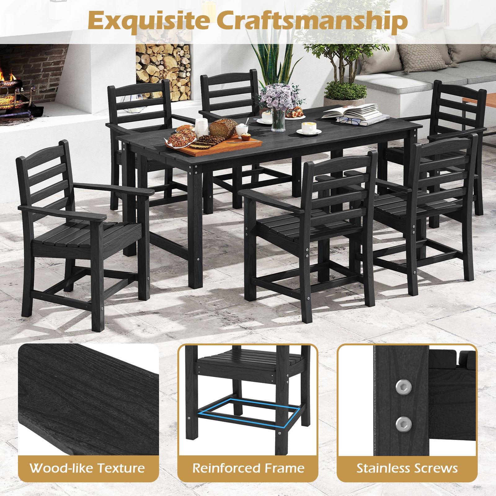 HDPE All Weather Patio Dining Chairs Set of 2 with Wide Armrests-Black