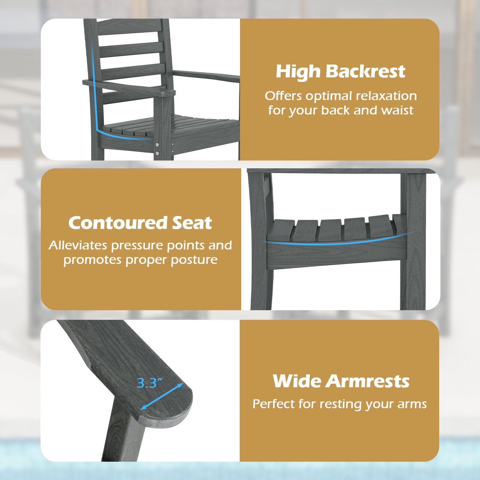 HDPE All Weather Patio Dining Chairs Set of 2 with Wide Armrests-Gray