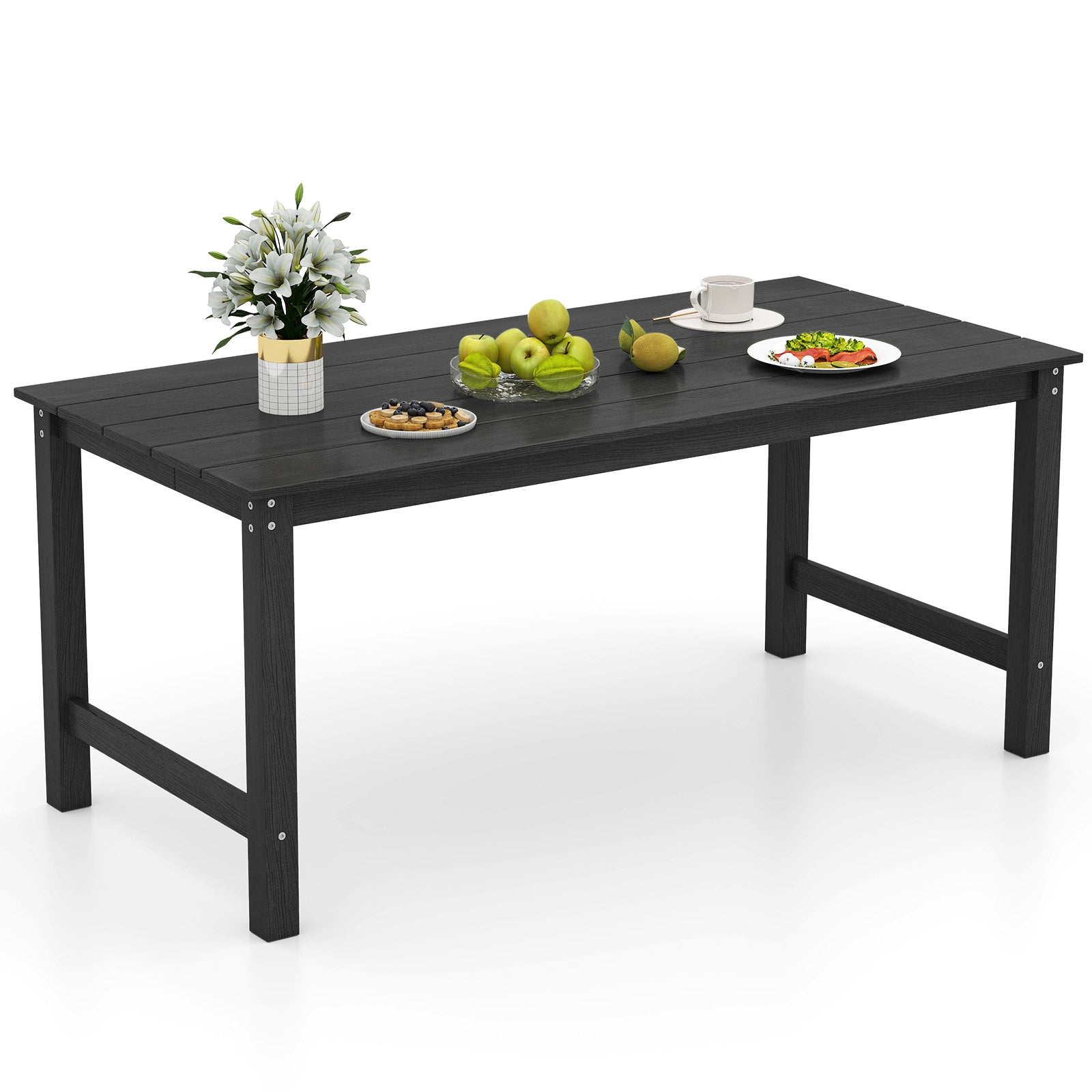 HDPE Outdoor Dining Table for 6 Person with Wood-Like Tabletop and Umbrella Hole-Black