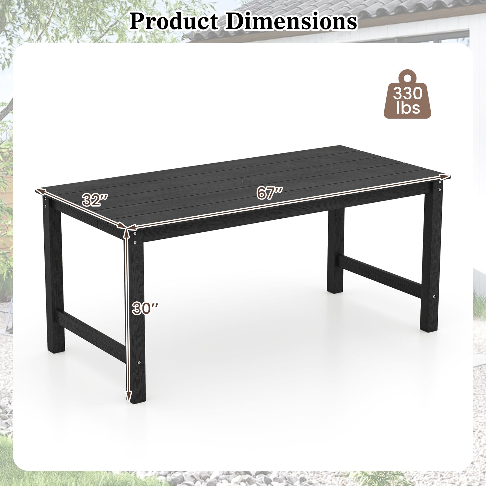 HDPE Outdoor Dining Table for 6 Person with Wood-Like Tabletop and Umbrella Hole-Black