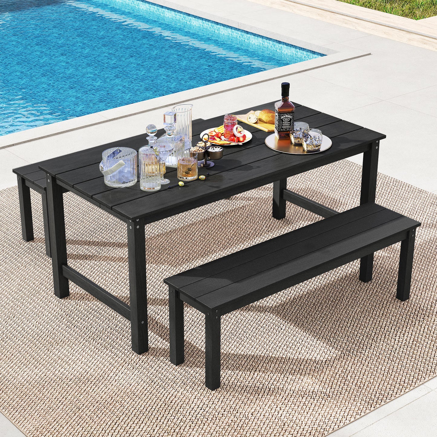 HDPE Outdoor Dining Table for 6 Person with Wood-Like Tabletop and Umbrella Hole-Black
