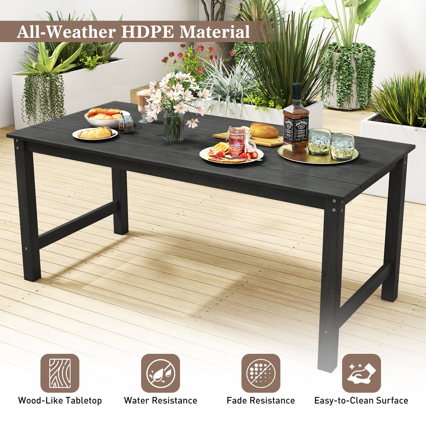 HDPE Outdoor Dining Table for 6 Person with Wood-Like Tabletop and Umbrella Hole-Black