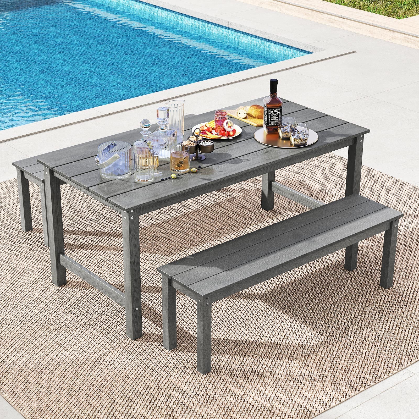HDPE Outdoor Dining Table for 6 Person with Wood-Like Tabletop and Umbrella Hole-Gray