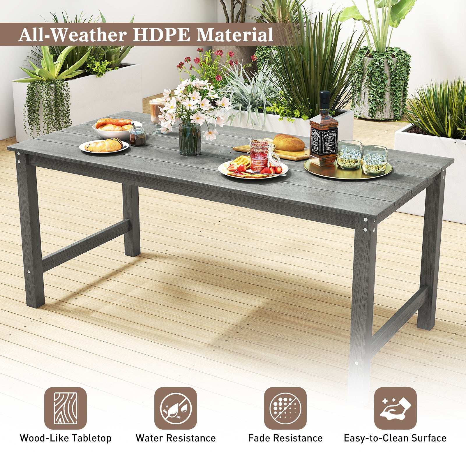 HDPE Outdoor Dining Table for 6 Person with Wood-Like Tabletop and Umbrella Hole-Gray