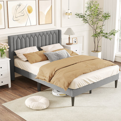 Queen Size Dutch Velvet/Linen Fabric Upholstered Platform Bed with Wingback Headboard and Wooden Slat Support-Gray„ÄÅ