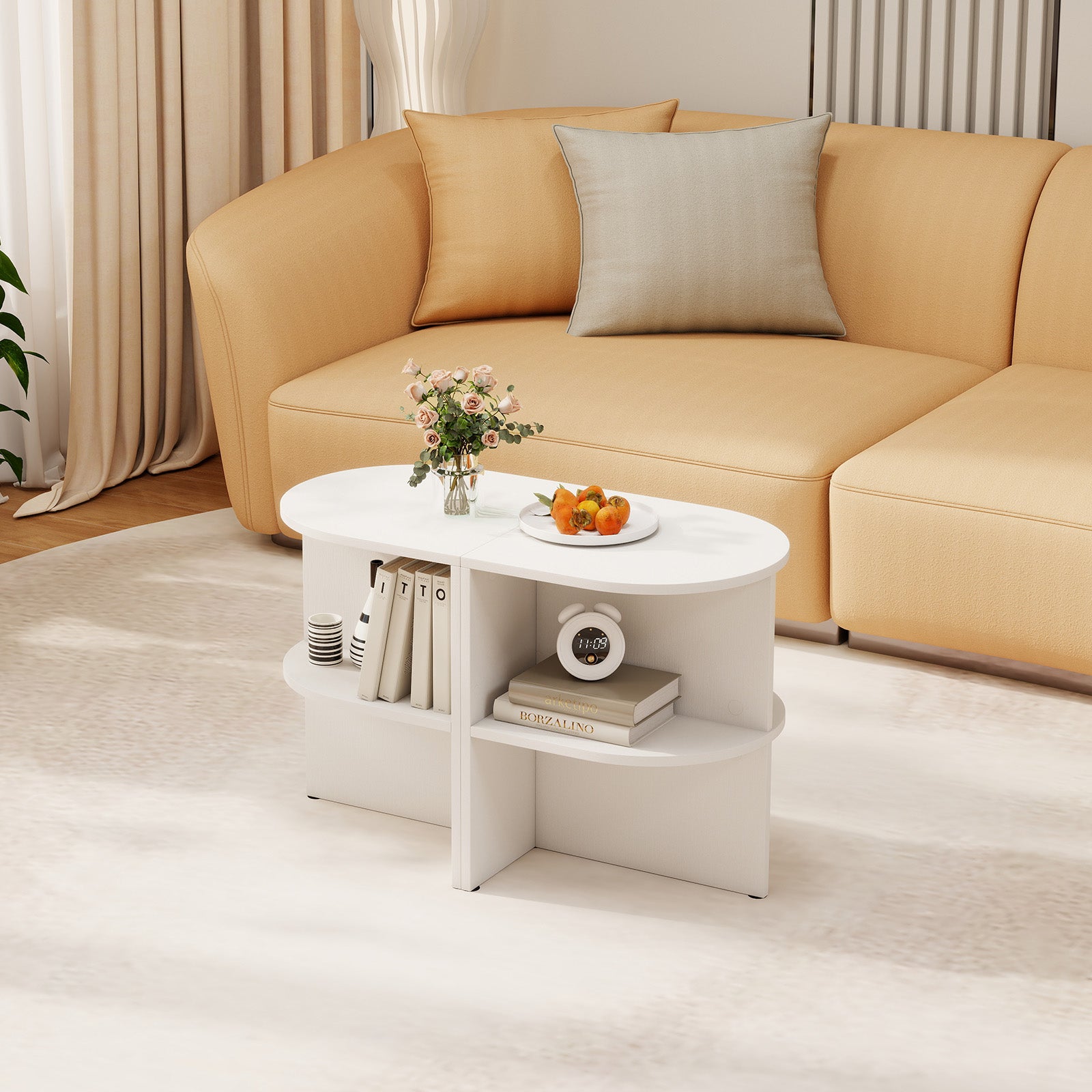 Half Round End Table with Open Shelves for Small Space-White