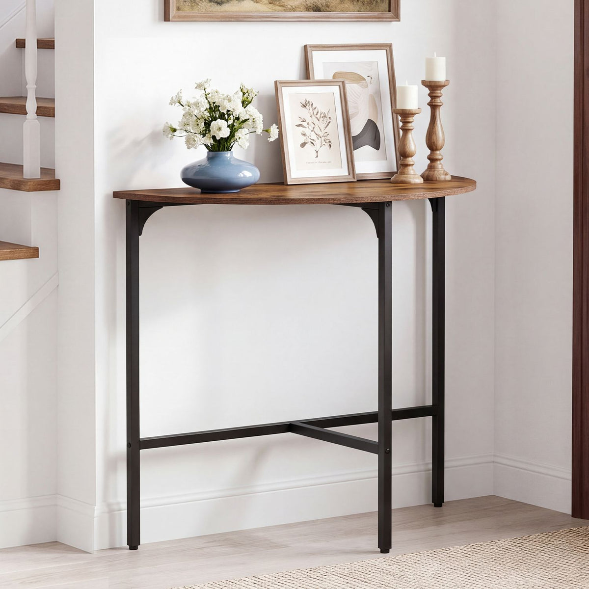 Half-moon Console Table Semi-circular Industrial Sofa Couch Table-Rustic Brown