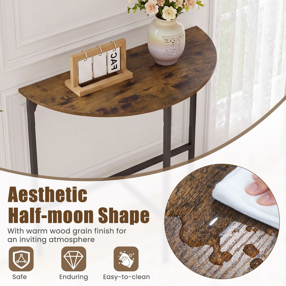 Half-moon Console Table Semi-circular Industrial Sofa Couch Table-Rustic Brown
