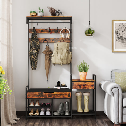 70 Inch Hall Tree with Shoe Storage Bench Freestanding Coat Rack-Rustic Brown