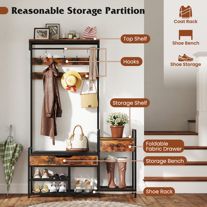 70 Inch Hall Tree with Shoe Storage Bench Freestanding Coat Rack-Rustic Brown