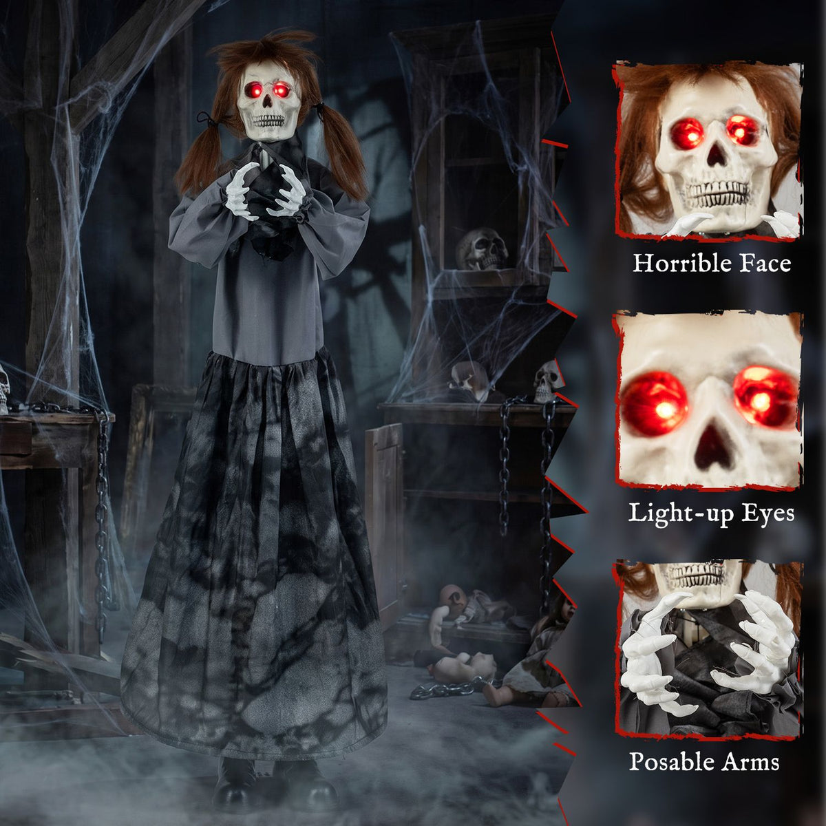 Halloween Animatronic Jumpscare Doll with Pop-Up Head and Sound Activated Design