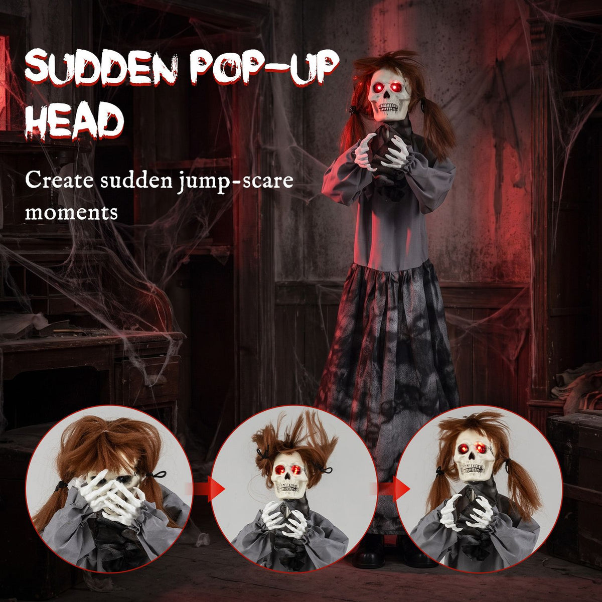 Halloween Animatronic Jumpscare Doll with Pop-Up Head and Sound Activated Design