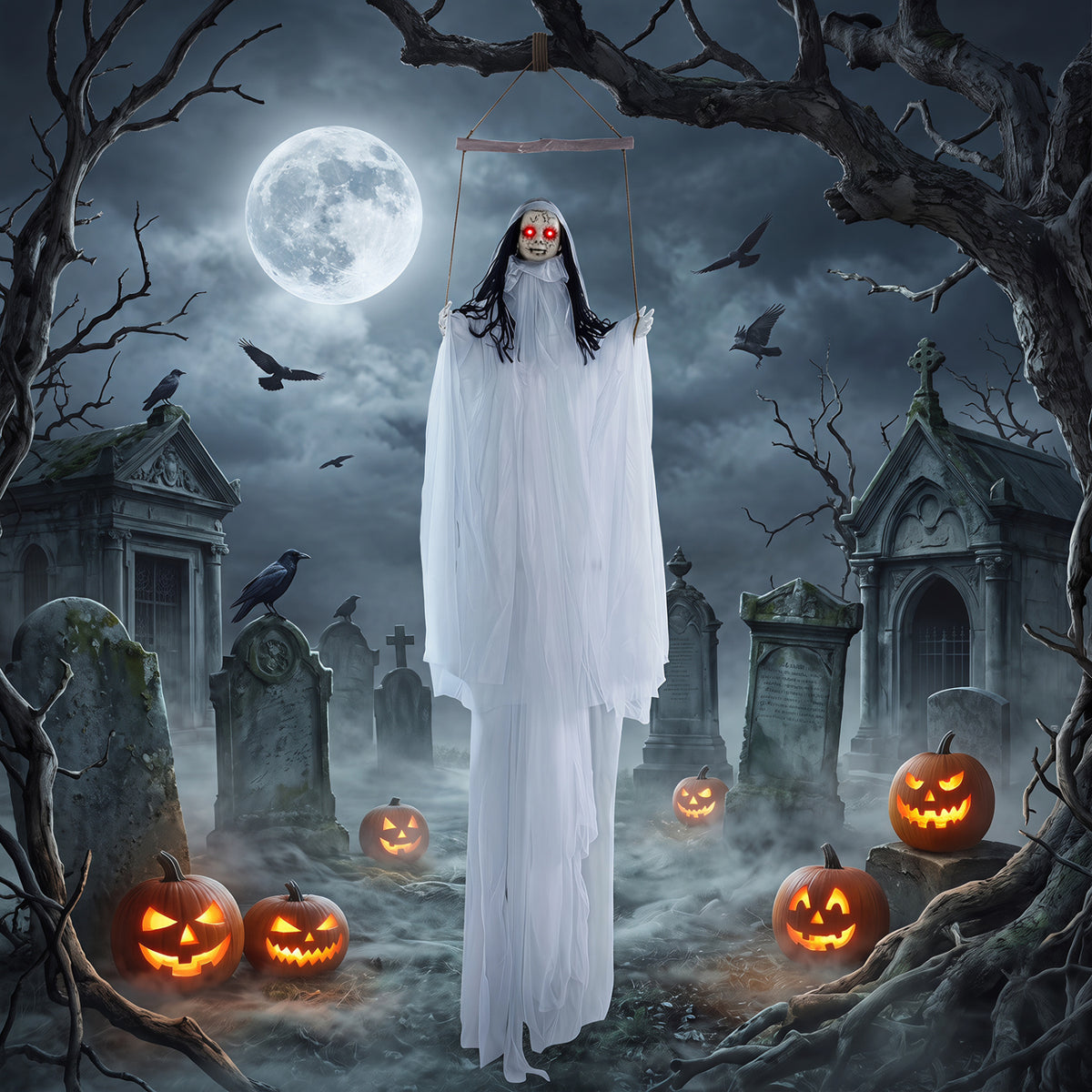 Hanging Ghost Girl Prop with Light-Up Eyes and Sound Effects