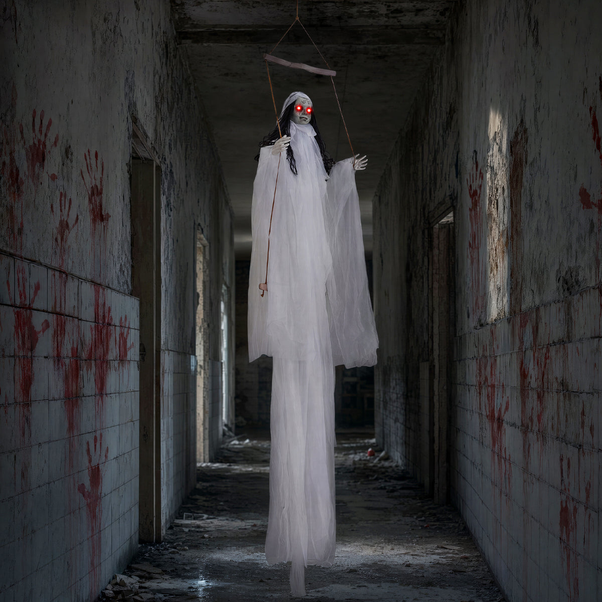 Hanging Ghost Girl Prop with Light-Up Eyes and Sound Effects