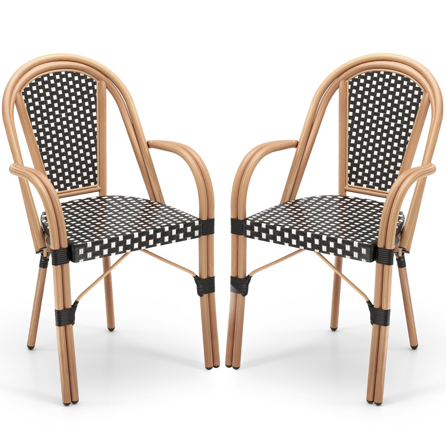 Hand-Woven PE Wicker Outdoor French Bistro Chairs Set of 2-Black - Black