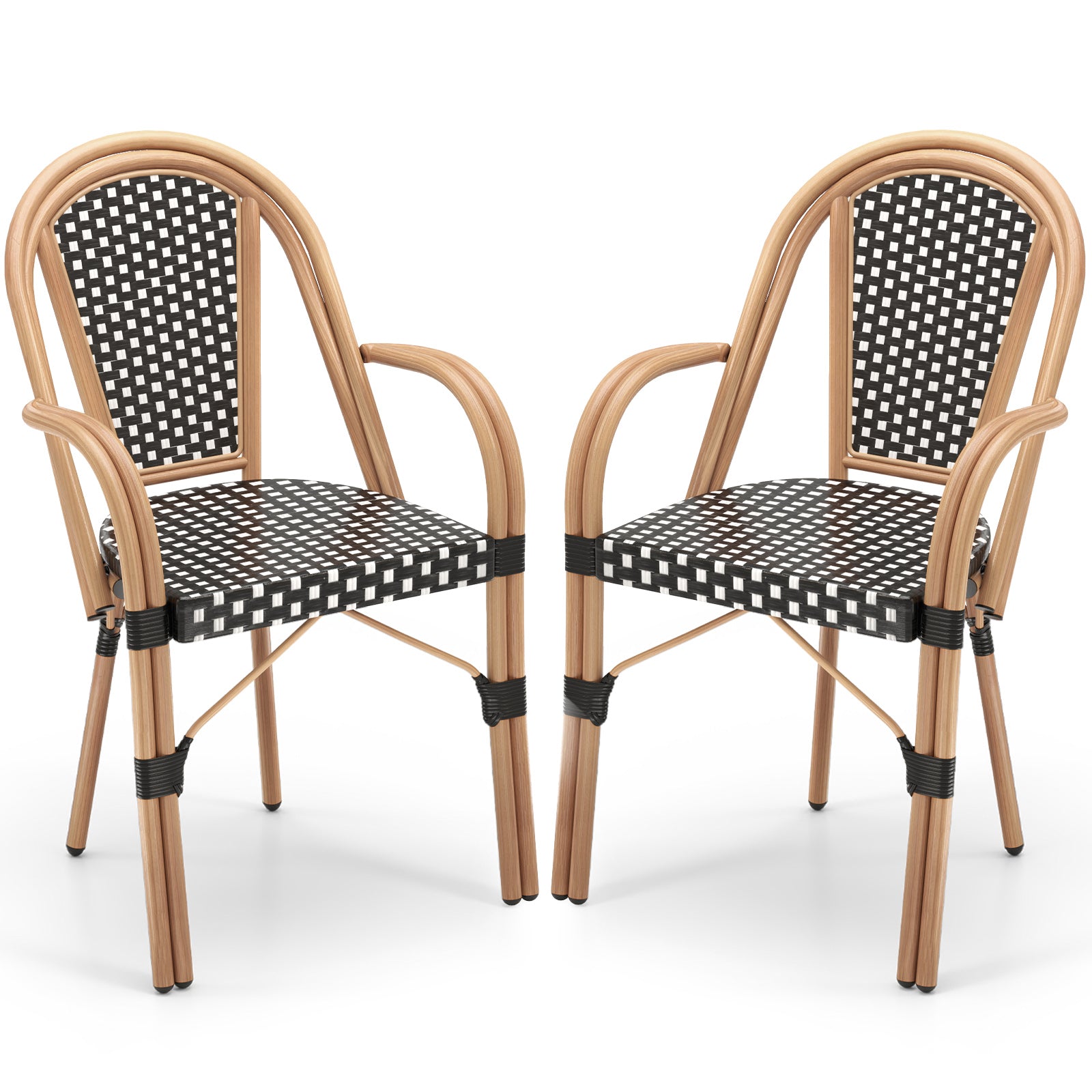 Hand-Woven PE Wicker Outdoor French Bistro Chairs Set of 2-Black - Black