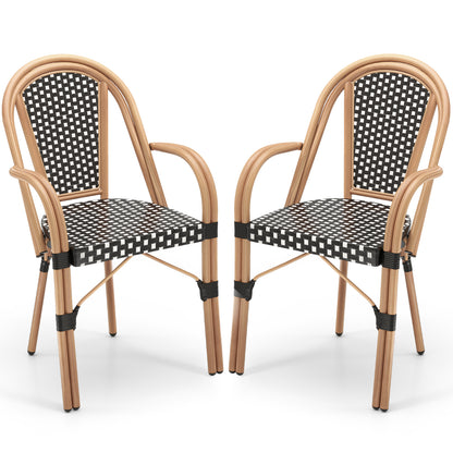 Hand-Woven PE Wicker Outdoor French Bistro Chairs Set of 2-Black - Black