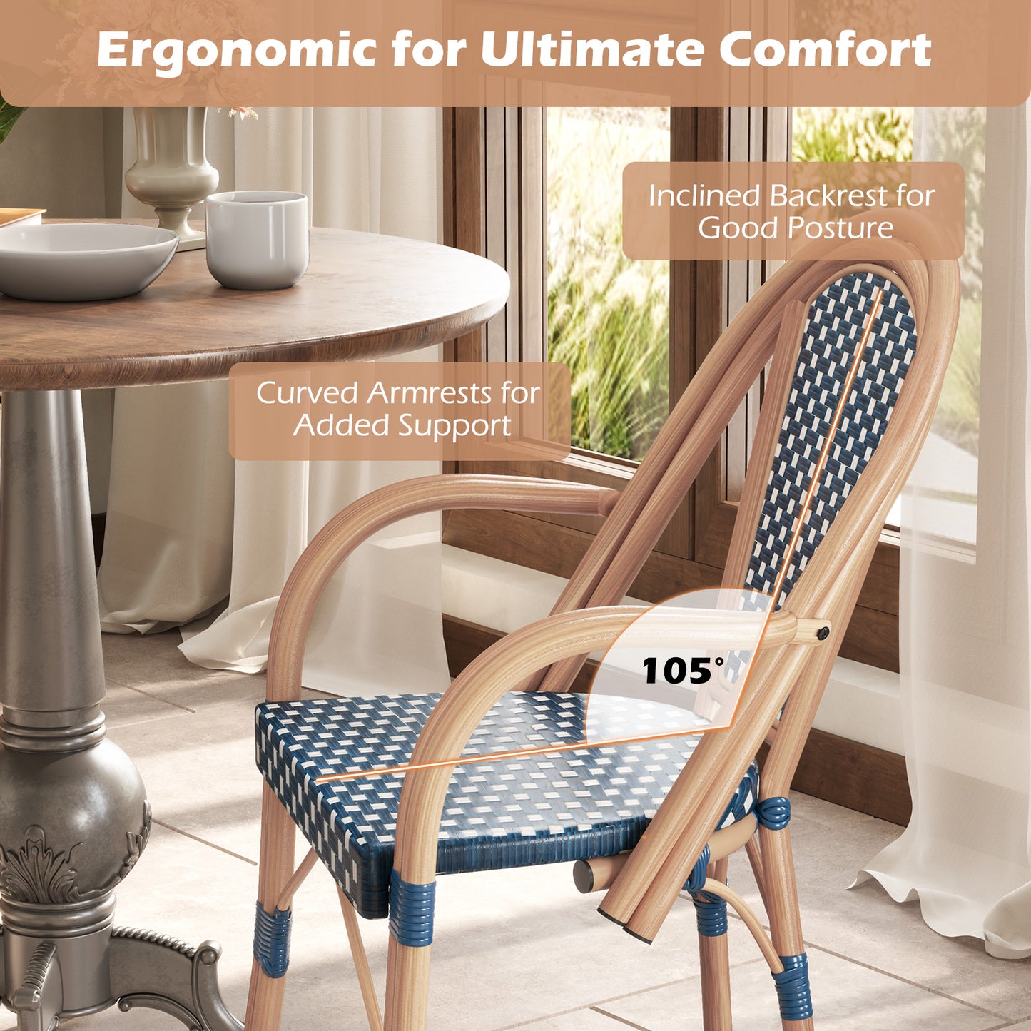 Hand-Woven PE Wicker Outdoor French Bistro Chairs Set of 2