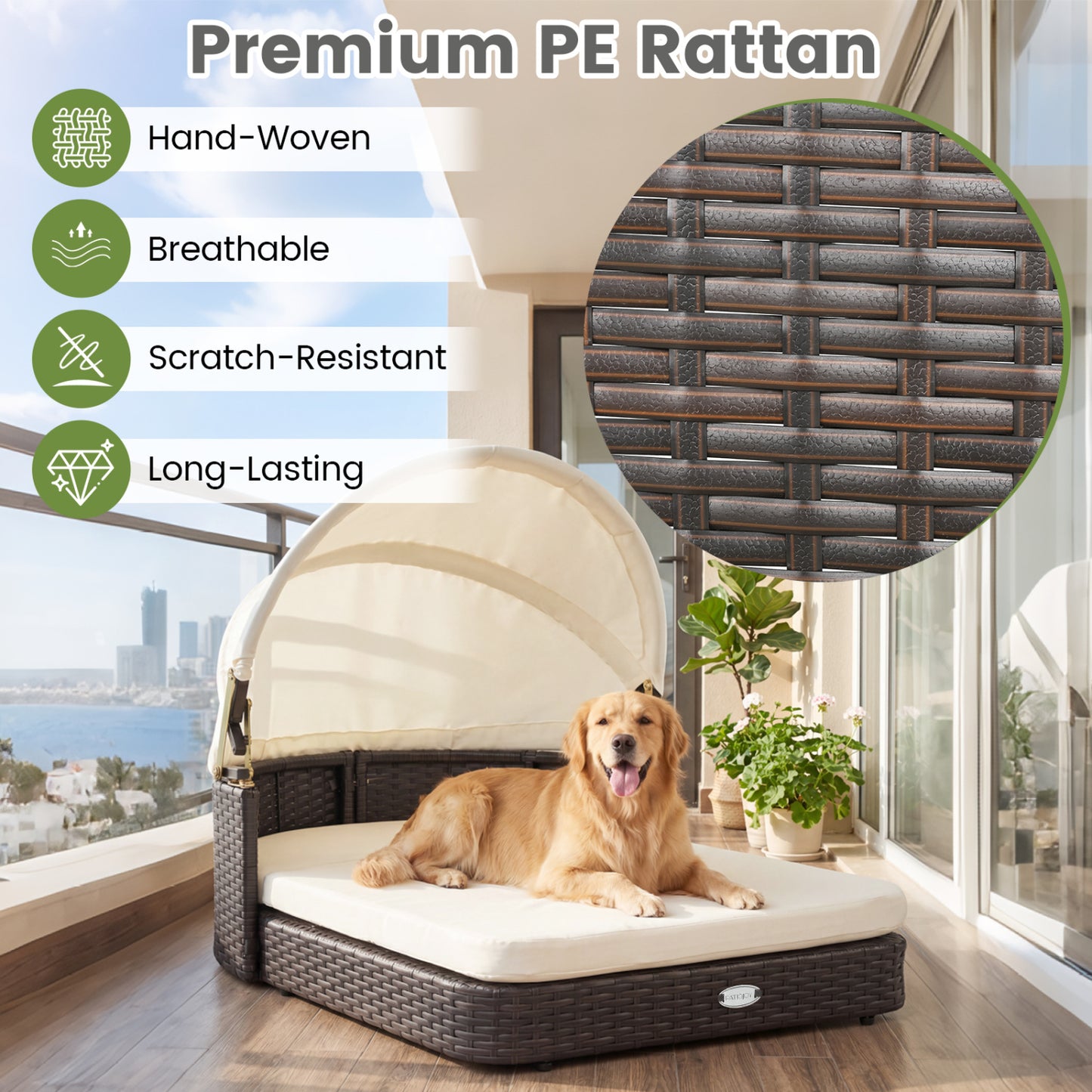 Rattan Pet Daybed with Adjustable Canopy for Small & Medium Dogs