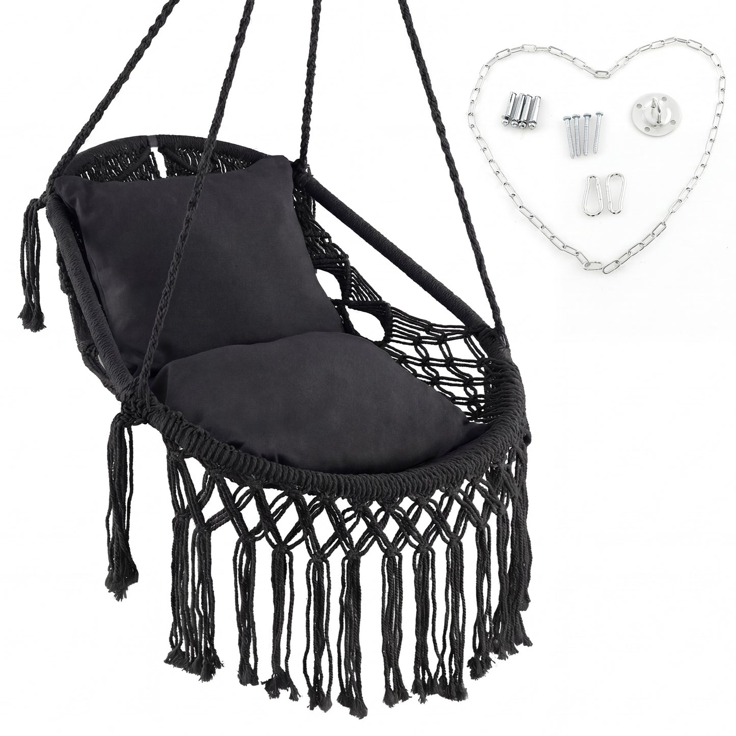 Hanging Hammock Chair with Soft Seat Cushions and Sturdy Rope Chain-Beige - Black