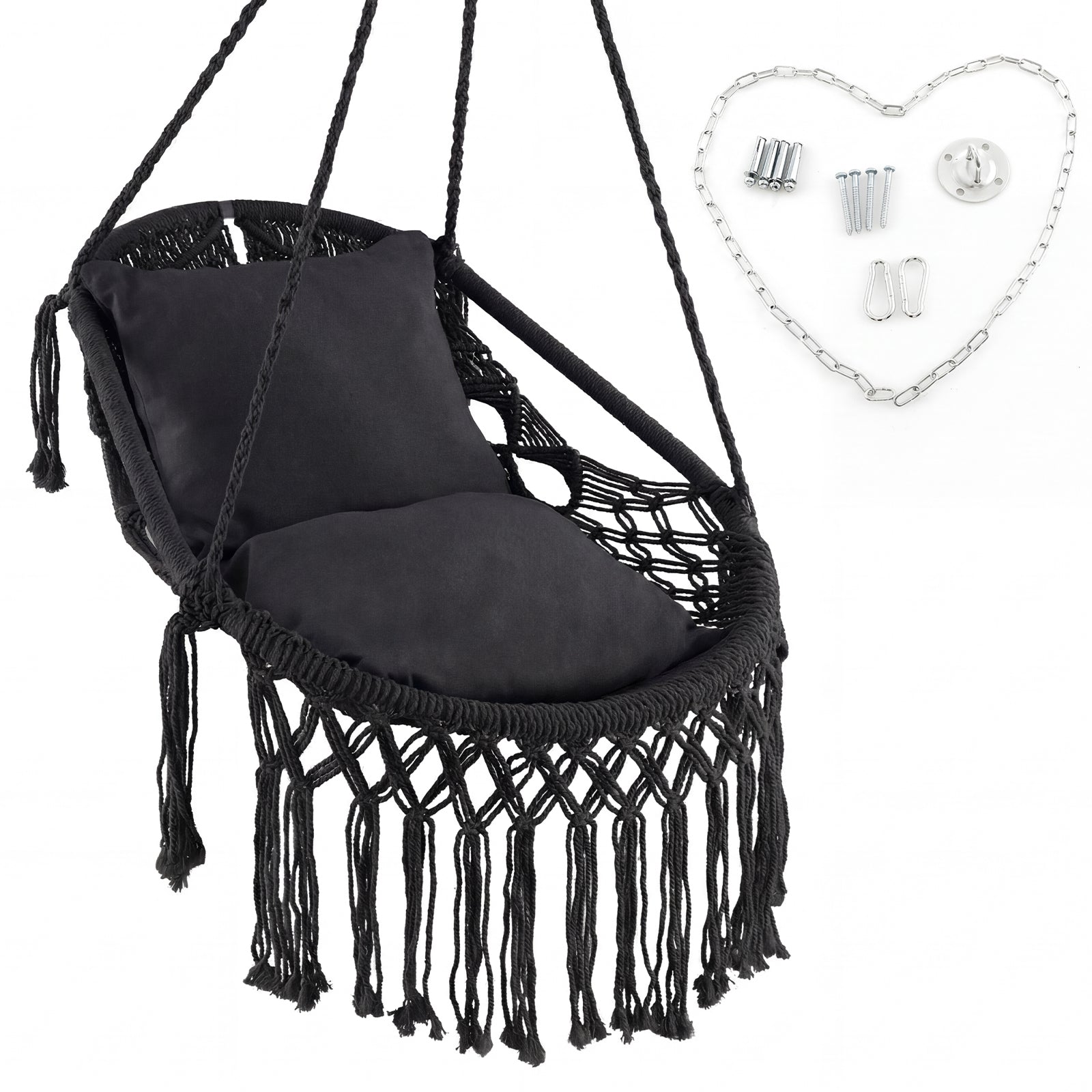 Hanging Hammock Chair with Soft Seat Cushions and Sturdy Rope Chain-Beige - Black