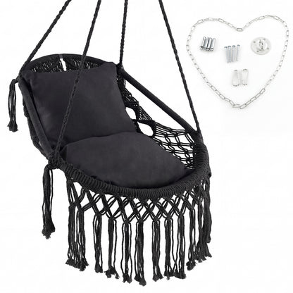 Hanging Hammock Chair with Soft Seat Cushions and Sturdy Rope Chain-Beige - Black