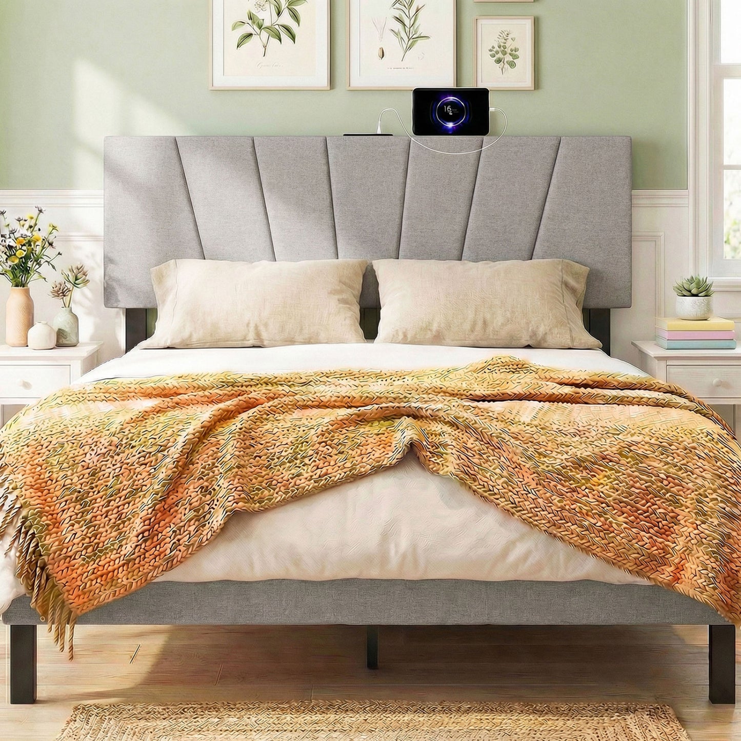 Headboard for Queen and Full Size Bed Geometric Upholstered Head Board-Gray