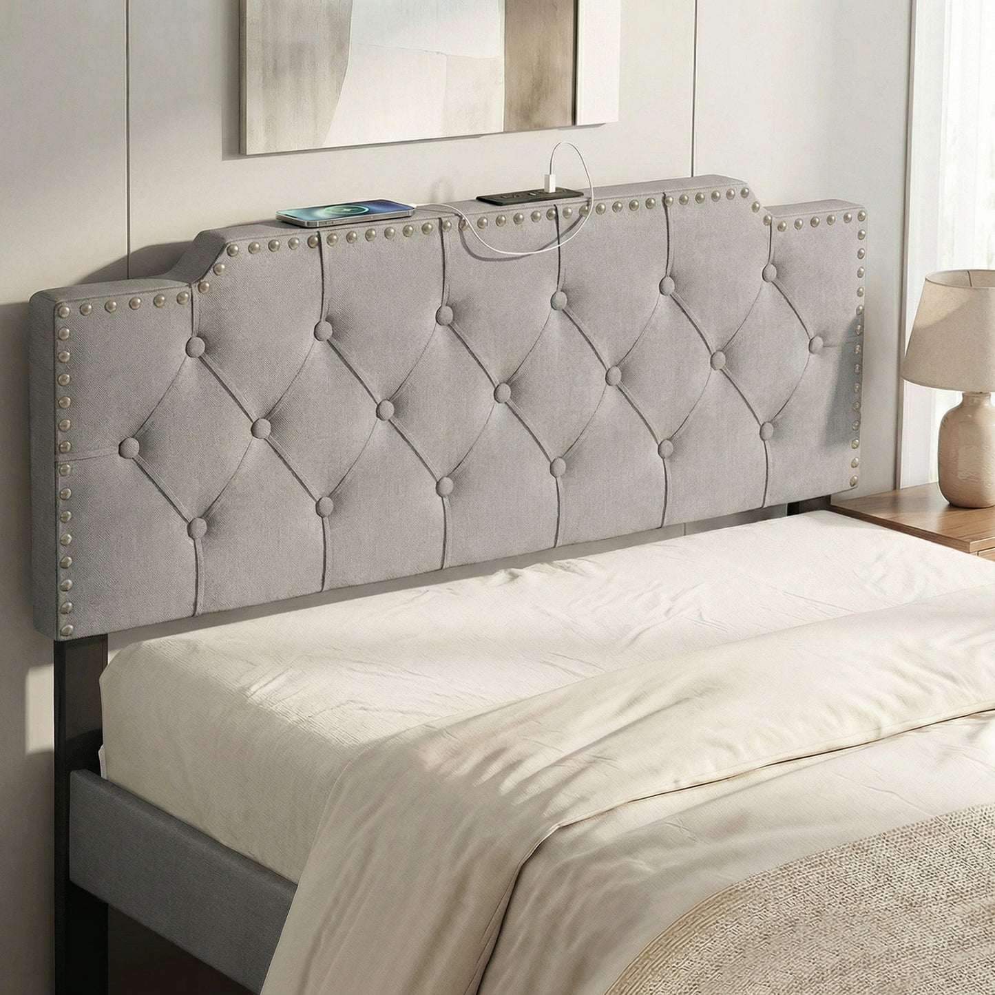 Headboard for Queen and Full Size Bed Rivet Tufted Upholstered Head Board-Gray