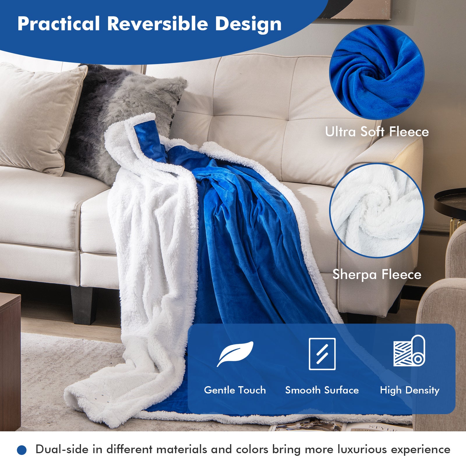 Heated Electric Blanket Throw with 10 Heat Levels-Blue