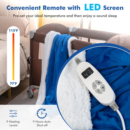 Heated Electric Blanket Throw with 10 Heat Levels-Blue