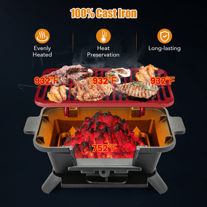 100% Cast Iron Hibachi Grill with Grill Grate Lifter