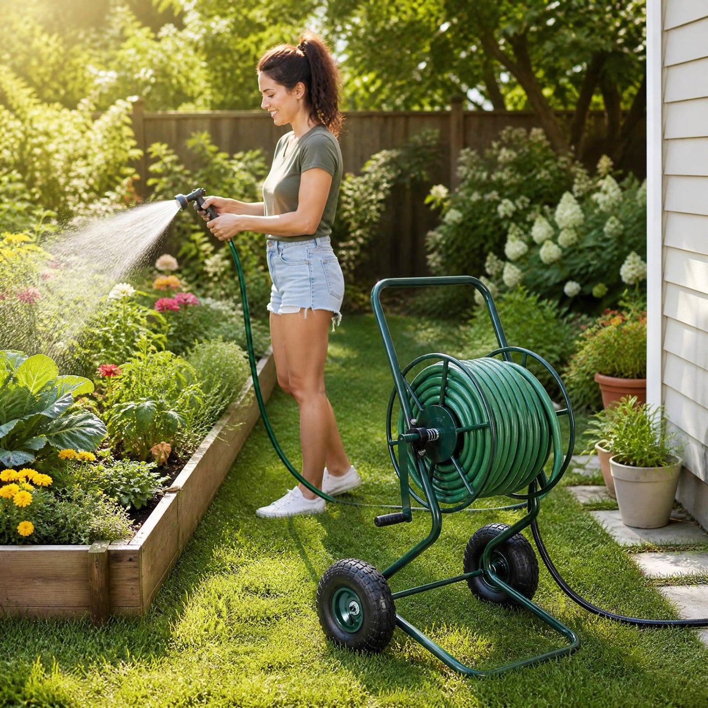 Garden Hose Reel Cart with Pneumatic Tires - 300 FT Capacity