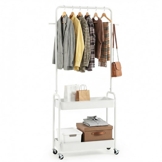 Heavy-Duty Laundry Cart with Hanging Rod and 2 Storage Baskets for Bedroom