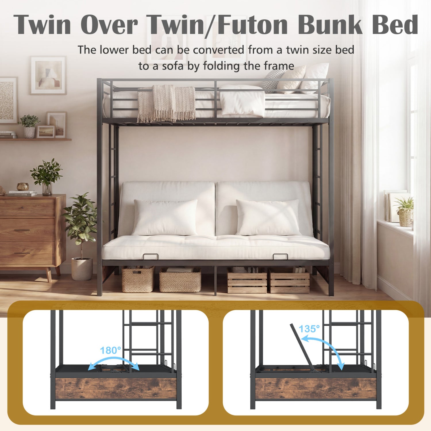 Heavy Duty Metal Bunk Bed Frame with Headboard and Footboard